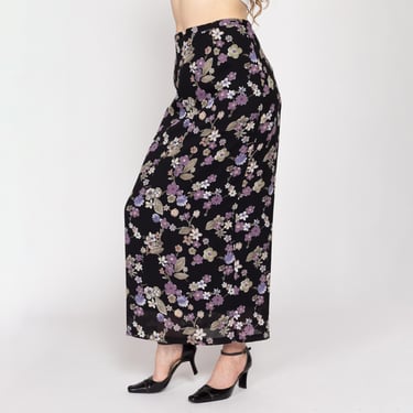 Medium 90s Black Floral High Waisted Maxi Skirt | Vintage Boho Grunge A Line Skirt 