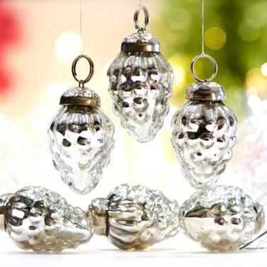 VINTAGE: 5pc - Small Thick Mercury Glass Silver Pinecone Ornaments - Mid Weight Kugel Style Ornaments - Unique Find - SKU 34-os no 