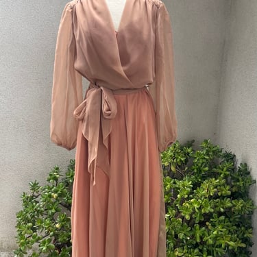 Vintage chiffon maxi dress soft brown with sash Sz Medium by Celyce Designs Inc. 