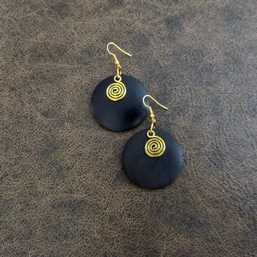 Black and gold earrings, geometric spiral vortex earrings, bold statement earrings modern earrings, unique Art Deco earrings, wooden earring 