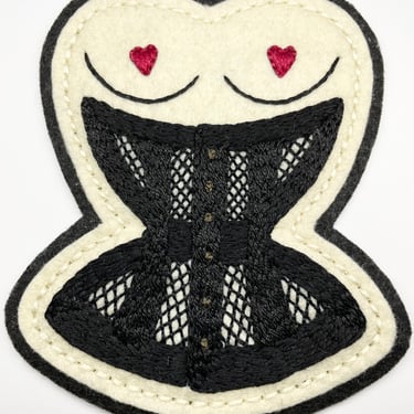 Handmade / hand embroidered off white & black felt patch - cinched corset patch - vintage style - traditional tattoo 