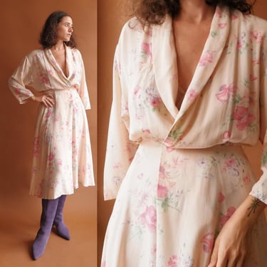 Vintage 40s Floral Silk Dressing Gown / 1940s Pastel Pink Wrap Dress/ Size Small 25