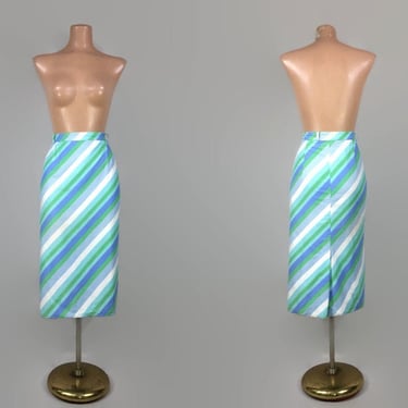 VINTAGE 60s Blue and Green Diagonal Striped Pencil Skirt | 1960s Wiggle Skirt | By College Town of Boston | 30