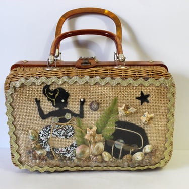 Vintage 1950s 60s Atlas Princess Charming Mermaid Treasure Chest shell purse Wicker Handbag bag Lunch Pail Box Lucite Handles 