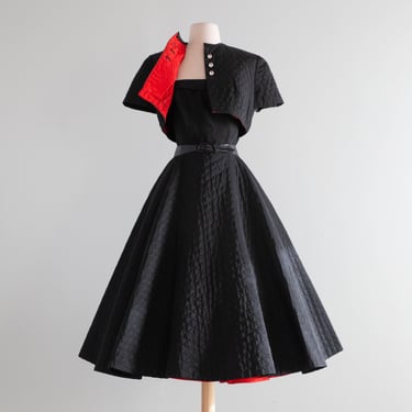 Fabulous 1950's Quilted Taffeta Black Party Dress With A Touch of Red / XS