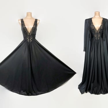 VINTAGE 80s Black Olga Peignoir Set | Stretch Nylon Lace Grand Sweep Nightgown and Robe Original Belt | Wedding Bridal Lingerie 94280 vfg 
