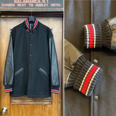 Vintage 1980’s -Deadstock- Sixe XL Jet Black Wool Pharoah Car Club Hot Rod Shawl Collar Rockabilly 3/4 Length Jacket, 1950’s Style, Leather 