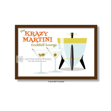 mcm wall Art, Cocktail Bar Art, Mid Century Modern Atomic Glassware Vintage style Martini Glass, Gift for bartender home Bar KRAZY MARTINI 