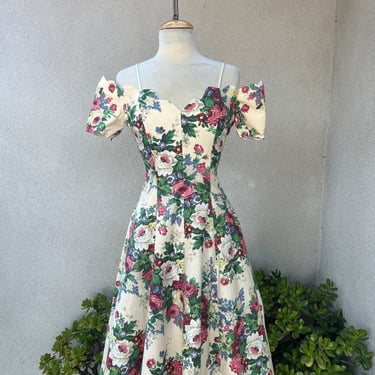 Vintage 80s boho colorful cotton cream floral dress with attached petticoat Sz 5/6 XS by Roberta 