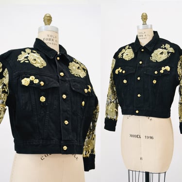 Vintage 80s 90s Black Lace Denim Jacket Black Gold Sequin Denim Jacket size Large// 90s Vintage Black Gold Lace Sequin Flower Denim Jacket 