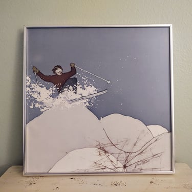 MCM Vintage Batik Framed Ski Winter Snow Art by Pat Ahart Signed 18 1/4