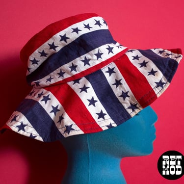 Kids Vintage 60s 70s Red White Blue Stars & Stripes Cotton Wide Brim Hat 