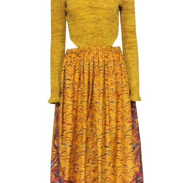 Ulla Johnson - Mustard Yellow Ribbed Bodice Dress w/ Multi Color Print Bottom Sz 6