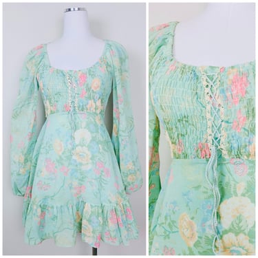 1970s Vintage Mint Green Botanical Floral Mini Dress/ 70s Elastic Smock Lace Up Front Prairie Dress / Size Small 