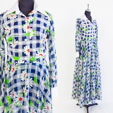 1970s Blue White Plaid Maxi Dress | 70s Blue & White Daisy Maxi Dress | Asheboro Originals | Small 