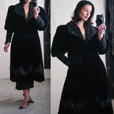 Vintage 80s MAYA COUTURE Black Velvet & Sequined Dramatic Leg O Mutton Sleeve Opera Swing Coat w/ Pockets | 1980s Designer Evening Jacket 