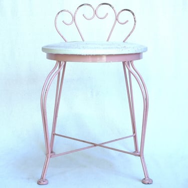 Custom Vintage Pink Vanity Stool Ornate Metal Stool Wrought Iron Vanity Chair Boudoir Chair Shabby chic Hollywood Regency 