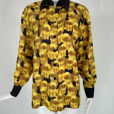 Escada Shaggy Dog Print Yellow &amp; Black Silk Blouse 1990s  36