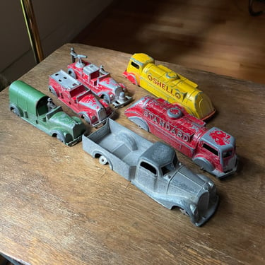 Various Tootsie Toy Diecast Trucks, Parts Collection Shell Standard Oil Fire Farm Pick Up Vintage Antique 
