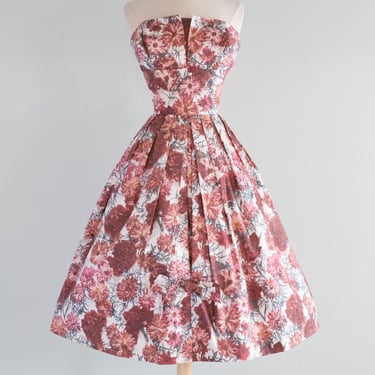 Stunning 1950's Couture Polished Cotton Carnation Print Party Dress / Small