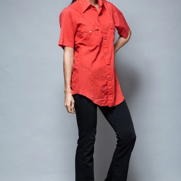 western short sleeves red cowboy shirt cotton pearl snaps vintage 70s M medium 