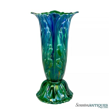 Mid-Century Art Deco Blue-Green Glazed Pottery Acanthus Motif 15" Vase