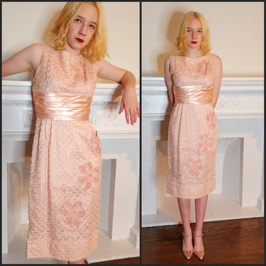 60s Barbie Pink Cocktail Dress Ribbon Lace  and  Rhinestones Sleeveless Party Frock S 