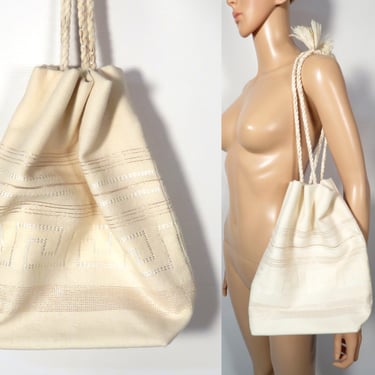 Vintage Deadstock Greek Ivory Drawstring Canvas Bag With Gold Accents 