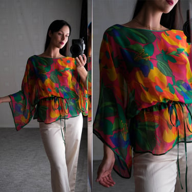 Vintage Diane Von Furstenberg Silk Assets Vibrant Tropical Floral Sheer Billowy Peplum Tie Blouse | 100% Silk | Y2K DVF Designer Silk Top 