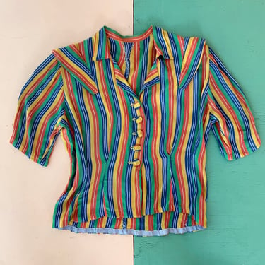 1930s Rainbow Stripe Rayon Blouse - Size M