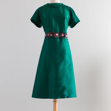 Fabulous 1960's Forest Green Silk Cocktail Dress By Allison / Large