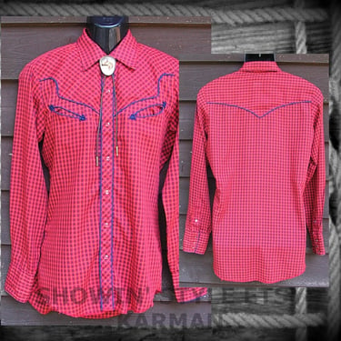 Karman Vintage Western Men's Cowboy, Rodeo Shirt, Red & Blue Plaid, Traditional Stylingi, Long Sleeves, Approx. Large (see meas. photo) 