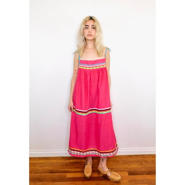 Appliqué Dress // vintage boho cotton sun midi hippie hippy pink 70s 1970s caftan kaftan // S/M 