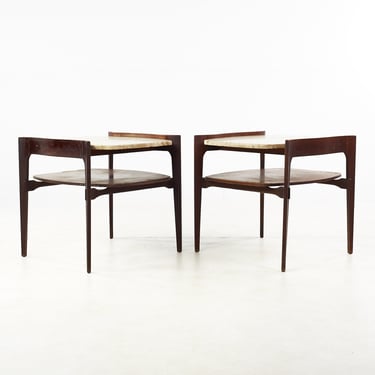 Bertha Schaefer Mid Century Sculpted Walnut and Italian Travertine Side Tables - Pair - mcm 