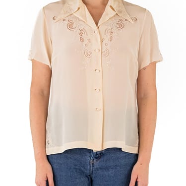 1950S Cream Silk Crepe De Chine Hand-Embroidered Shirt 