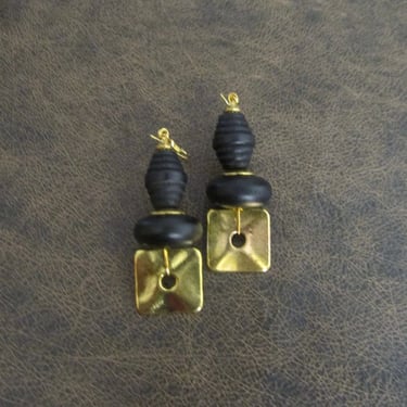 Hammered brass earrings, geometric earrings, unique mid century modern earrings, ethnic earrings, bohemian earrings, statement, black 2 