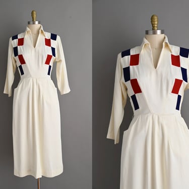 vintage 1940s Dress | Miss Hollywood Checkered Super Soft White Dress | Medium 