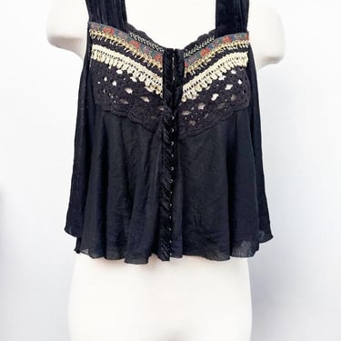 Free People Black Velvet & Gauze Blouse Tank Top, Flared, A line, Boho Hippie Y2K Vintage Embroidered 