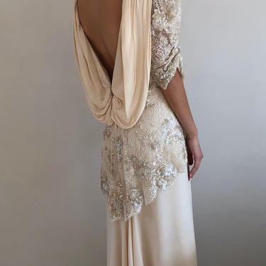 80s backless beaded silk dress / vintage ivory silk georgette beaded lace overlay long train backless maxi wedding dress | 6 