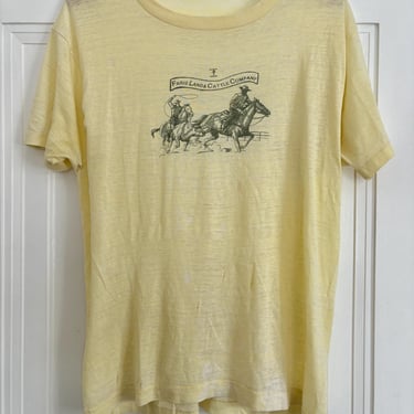 Vintage 70s Cattle Ranch Company Tee Cowboy Graphic Thin Soft Medium Yellow by TimeBa