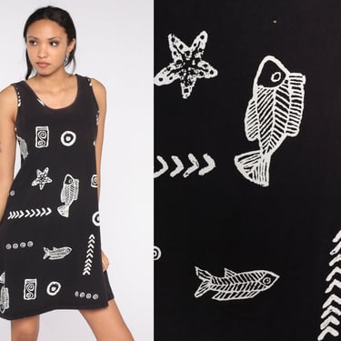 Y2k Fish Tank Dress Black Beach Mini Dress Boho Grunge Starfish Petroglyph Print Retro Bohemian Summer Day Shift Hipster Vintage 00s Small S 