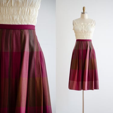 plaid wool skirt 80s 90s vintage Pendleton dark pink burgundy brown pleated skirt 