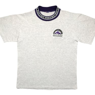 Vintage 90s Trench Sportswear Colorado Rockies Baseball Embroidered Neck Printed Graphic T-Shirt Size Large 