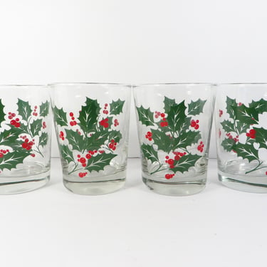 Vintage Christmas Holly and Berries Old Fashioned Glasses - Set of 4 Holly Old Fashioned Glasses 