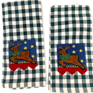 Farmhouse Reindeer Navy Plaid Kitchen Towel Set | Set of 2 | New 