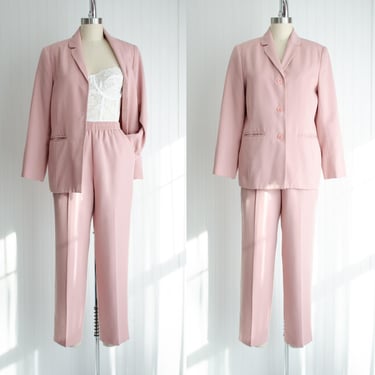 pastel pink suit 80s 90s vintage blush pink straight leg pants pantsuit 