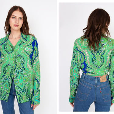 Vintage 1970s 70s Green Blue Psychedelic Peacock Paisley Dagger Collar Bishop Sleeve Button Up Blouse 