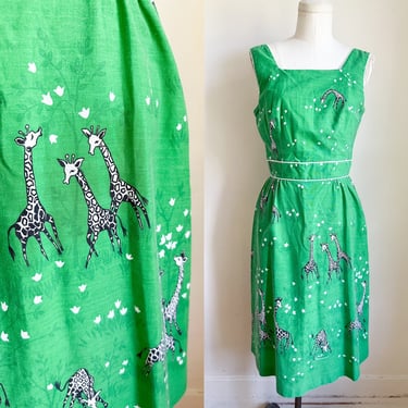 Shipping Delay // Vintage 1970s Green Giraffe Novelty Print Dress / XS 