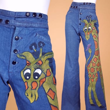 1970s handpainted giraffe jeans! Vintage high rise wide leg bell bottoms. Unique novelty artisan hippie one of a kind denim. (27 x 37) 