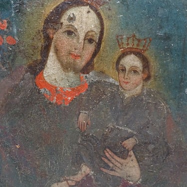 1800's Saint Joseph with Jesus Christ Child Retablo, Antique Religious Painting Oil on Tin, San Jose & Nino 